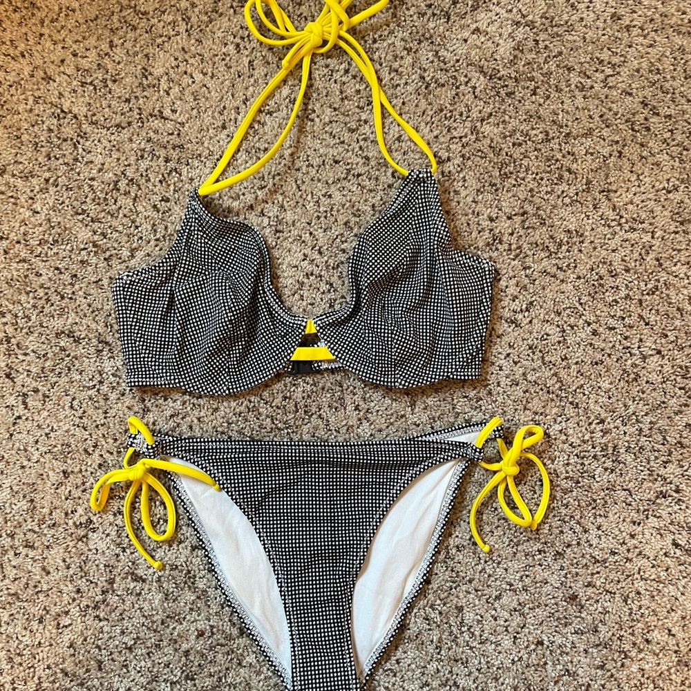 Black Micro-Spot Bikini with Yellow Tie Accents